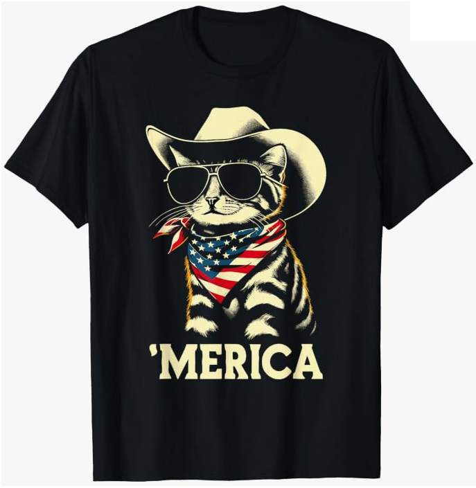 USA Merica Cat 4th of July patriotic t-shirt with cowboy hat and bandana